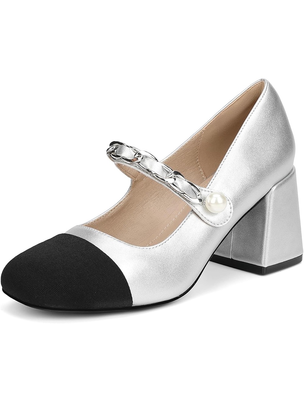 Gotogo Silver and Black Mary Jane Block Heel Pump with Pearl Accent